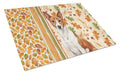 Red and White Basenji Heirloom Fall Cutting Board Tempered Glass Kitchen Cutting Surface, Heat Resistant Chopping, Non-Slip Feet, Food Prep & Serving