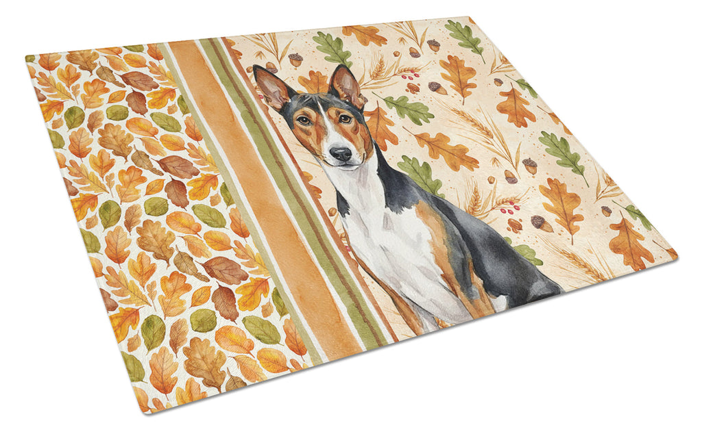 Tricolor and White Basenji Heirloom Fall Cutting Board Tempered Glass Kitchen Cutting Surface, Heat Resistant Chopping, Non-Slip Feet, Food Prep & Serving