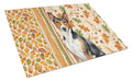 Tricolor and White Basenji Heirloom Fall Cutting Board Tempered Glass Kitchen Cutting Surface, Heat Resistant Chopping, Non-Slip Feet, Food Prep & Serving
