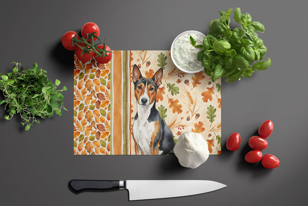 Tricolor and White Basenji Heirloom Fall Cutting Board Tempered Glass Kitchen Cutting Surface, Heat Resistant Chopping, Non-Slip Feet, Food Prep & Serving