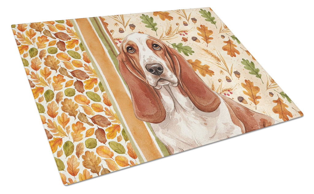 Red and White Basset Hound Heirloom Fall Cutting Board Tempered Glass Kitchen Cutting Surface, Heat Resistant Chopping, Non-Slip Feet, Food Prep & Serving