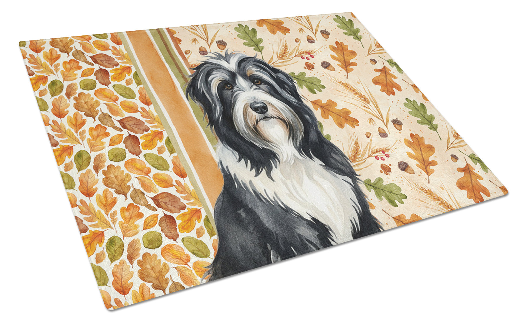 Black Bearded Collie Heirloom Fall Cutting Board Tempered Glass Kitchen Cutting Surface, Heat Resistant Chopping, Non-Slip Feet, Food Prep & Serving