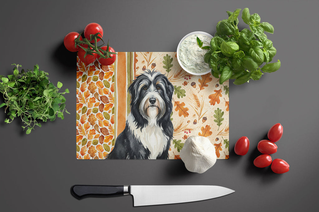 Black Bearded Collie Heirloom Fall Cutting Board Tempered Glass Kitchen Cutting Surface, Heat Resistant Chopping, Non-Slip Feet, Food Prep & Serving