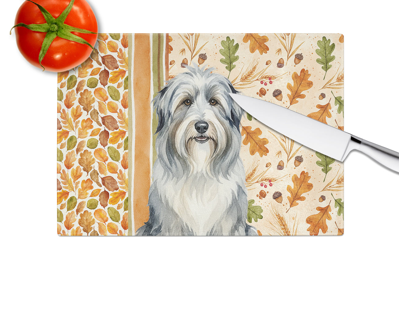 Bearded Collie Heirloom Fall Cutting Board Tempered Glass Kitchen Cutting Surface, Heat Resistant Chopping, Non-Slip Feet, Food Prep & Serving