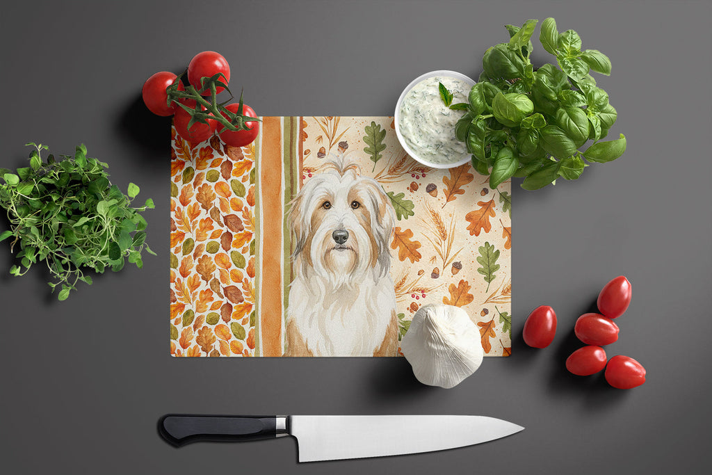 White and Tan Bearded Collie Heirloom Fall Cutting Board Tempered Glass Kitchen Cutting Surface, Heat Resistant Chopping, Non-Slip Feet, Food Prep & Serving