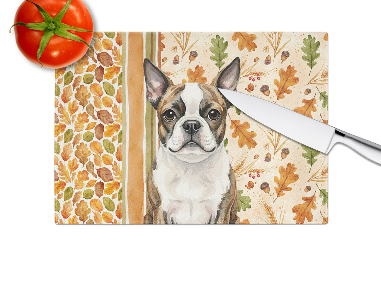 Brindle Boston Terrier Heirloom Fall Cutting Board Tempered Glass Kitchen Cutting Surface, Heat Resistant Chopping, Non-Slip Feet, Food Prep & Serving