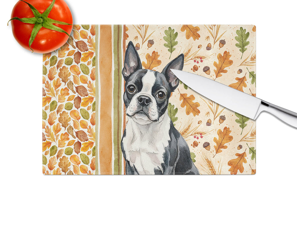Boston Terrier Heirloom Fall Cutting Board Tempered Glass Kitchen Cutting Surface, Heat Resistant Chopping, Non-Slip Feet, Food Prep & Serving