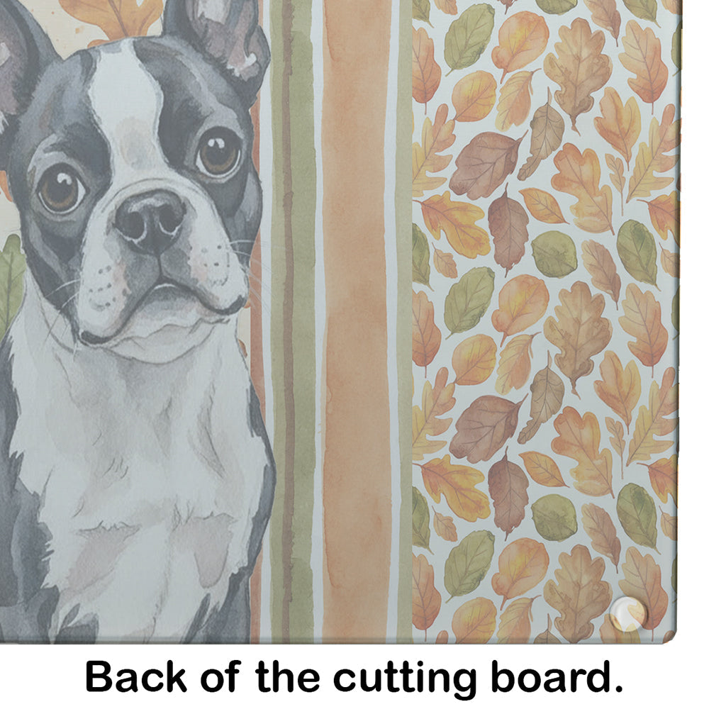 Boston Terrier Heirloom Fall Cutting Board Tempered Glass Kitchen Cutting Surface, Heat Resistant Chopping, Non-Slip Feet, Food Prep & Serving
