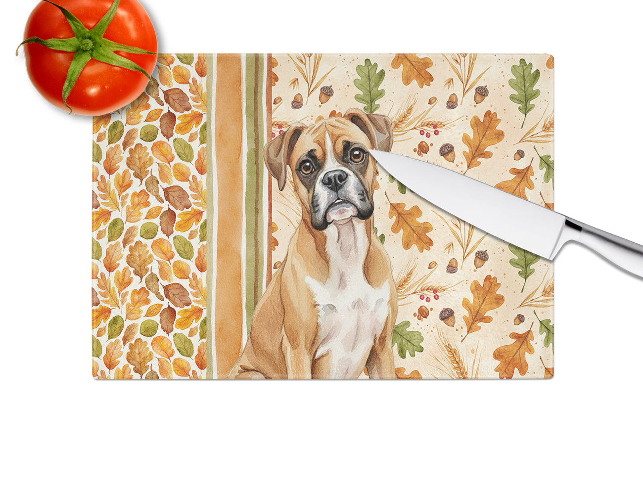Boxer Heirloom Fall Cutting Board Tempered Glass Kitchen Cutting Surface, Heat Resistant Chopping, Non-Slip Feet, Food Prep & Serving