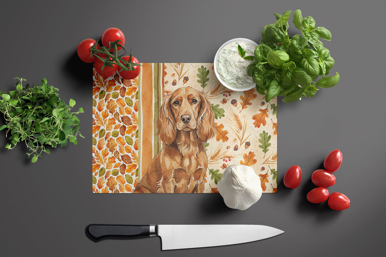 Boykin Spaniel Heirloom Fall Cutting Board Tempered Glass Kitchen Cutting Surface, Heat Resistant Chopping, Non-Slip Feet, Food Prep & Serving