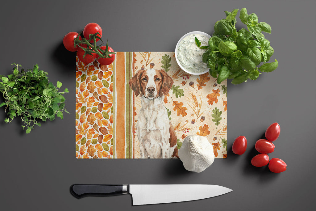 Liver and White Brittany Heirloom Fall Cutting Board Tempered Glass Kitchen Cutting Surface, Heat Resistant Chopping, Non-Slip Feet, Food Prep & Serving