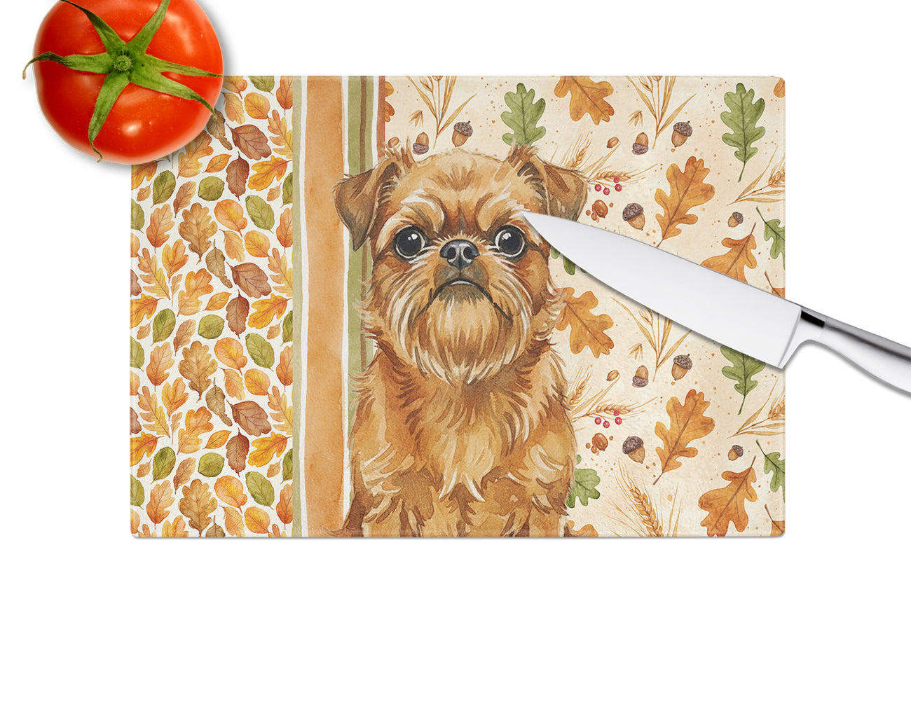 Belge Brussels Griffon Heirloom Fall Cutting Board Tempered Glass Kitchen Cutting Surface, Heat Resistant Chopping, Non-Slip Feet, Food Prep & Serving