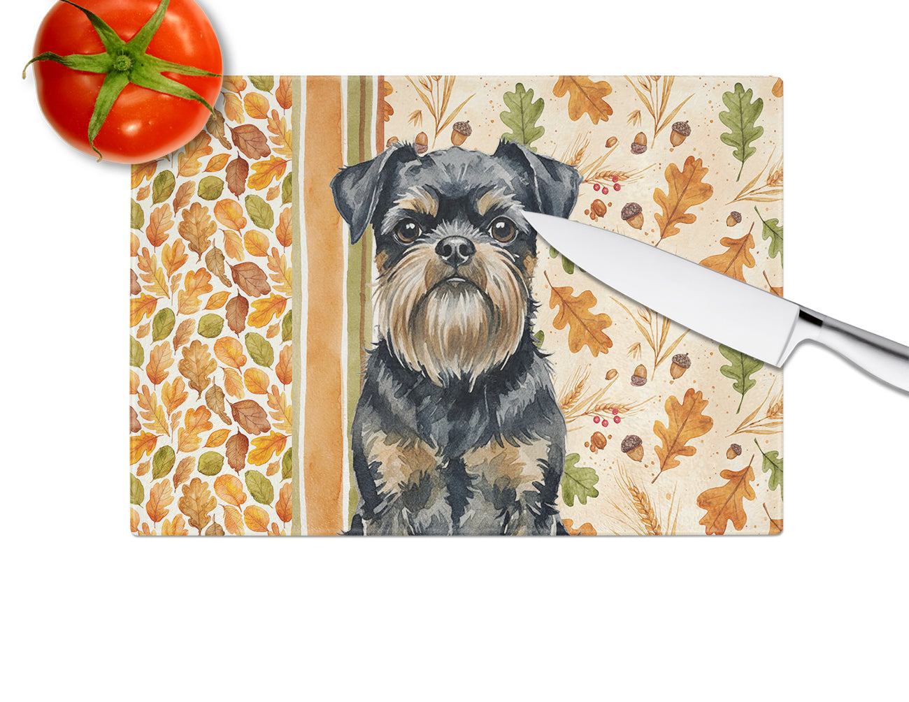 Black and Tan Brussels Griffon Heirloom Fall Cutting Board Tempered Glass Kitchen Cutting Surface, Heat Resistant Chopping, Non-Slip Feet, Food Prep & Serving