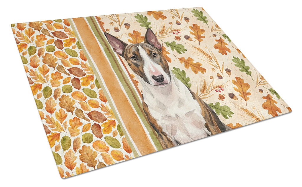 Brindle and White Bull Terrier Heirloom Fall Cutting Board Tempered Glass Kitchen Cutting Surface, Heat Resistant Chopping, Non-Slip Feet, Food Prep & Serving