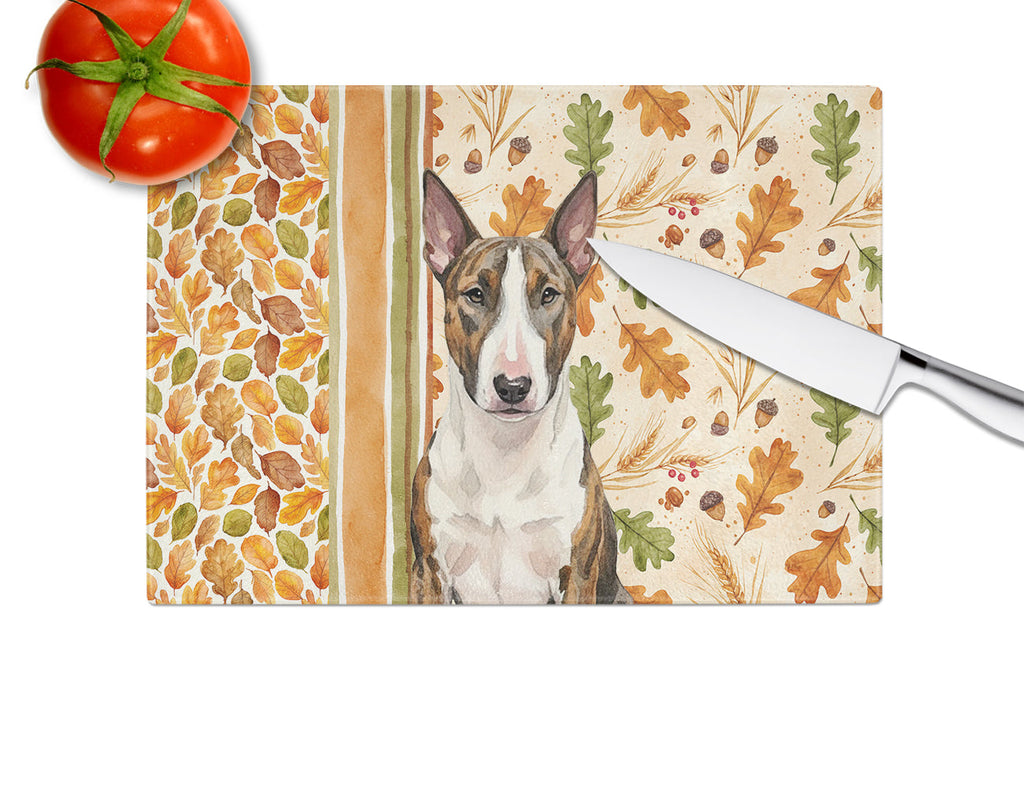 Brindle and White Bull Terrier Heirloom Fall Cutting Board Tempered Glass Kitchen Cutting Surface, Heat Resistant Chopping, Non-Slip Feet, Food Prep & Serving