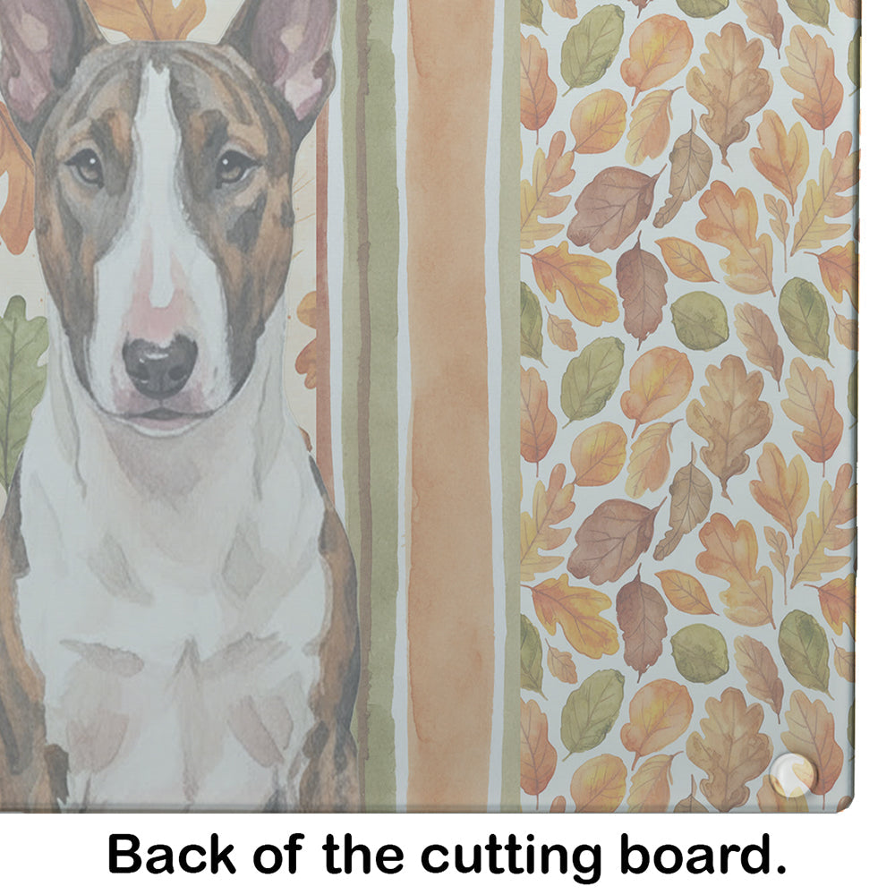Brindle and White Bull Terrier Heirloom Fall Cutting Board Tempered Glass Kitchen Cutting Surface, Heat Resistant Chopping, Non-Slip Feet, Food Prep & Serving