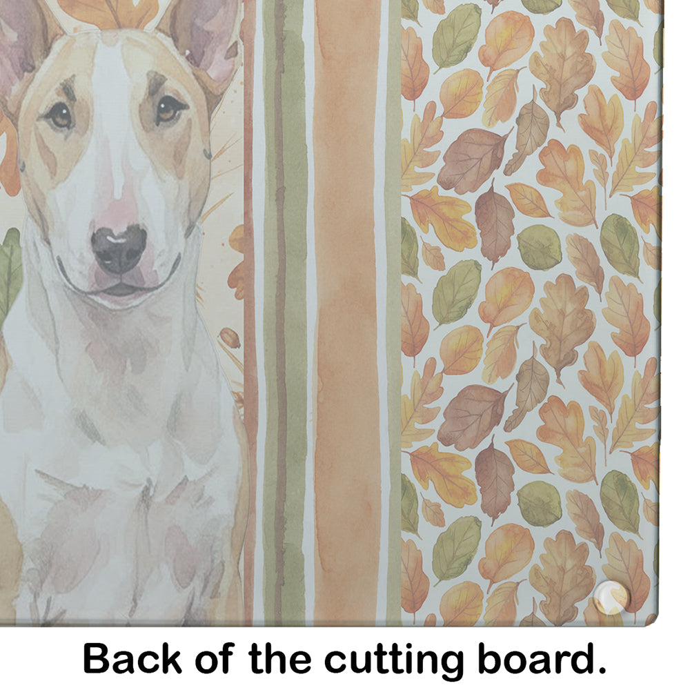 Fawn and White Bull Terrier Heirloom Fall Cutting Board Tempered Glass Kitchen Cutting Surface, Heat Resistant Chopping, Non-Slip Feet, Food Prep & Serving