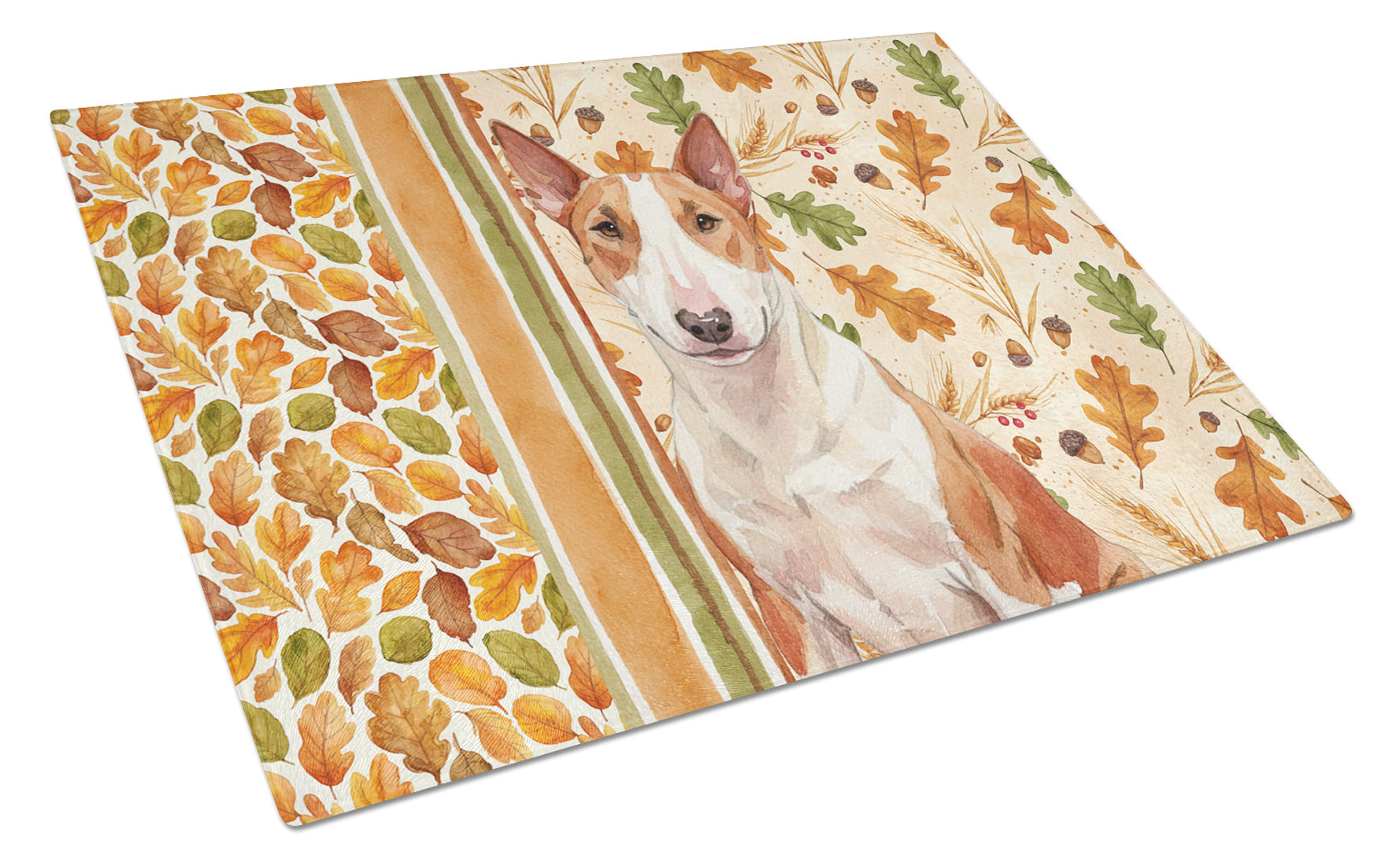Red and White Bull Terrier Heirloom Fall Cutting Board Tempered Glass Kitchen Cutting Surface, Heat Resistant Chopping, Non-Slip Feet, Food Prep & Serving
