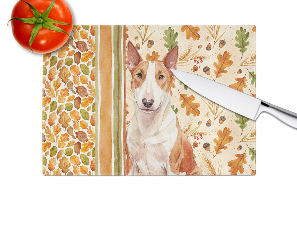 Red and White Bull Terrier Heirloom Fall Cutting Board Tempered Glass Kitchen Cutting Surface, Heat Resistant Chopping, Non-Slip Feet, Food Prep & Serving