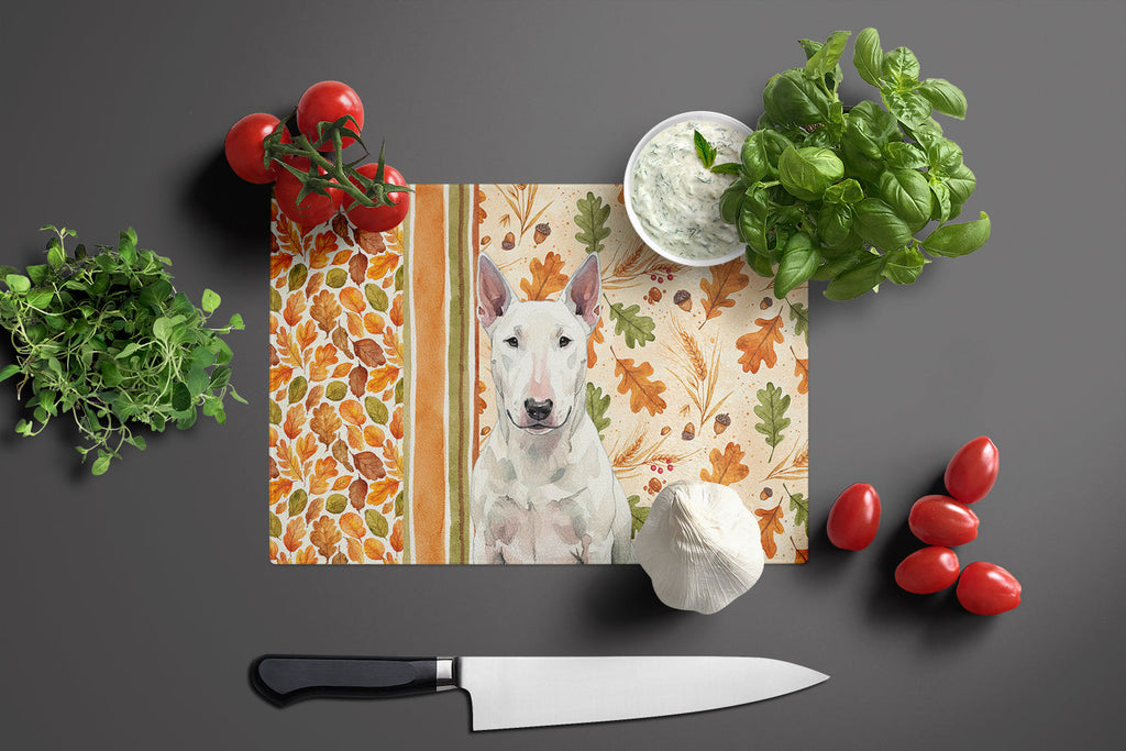White Bull Terrier Heirloom Fall Cutting Board Tempered Glass Kitchen Cutting Surface, Heat Resistant Chopping, Non-Slip Feet, Food Prep & Serving