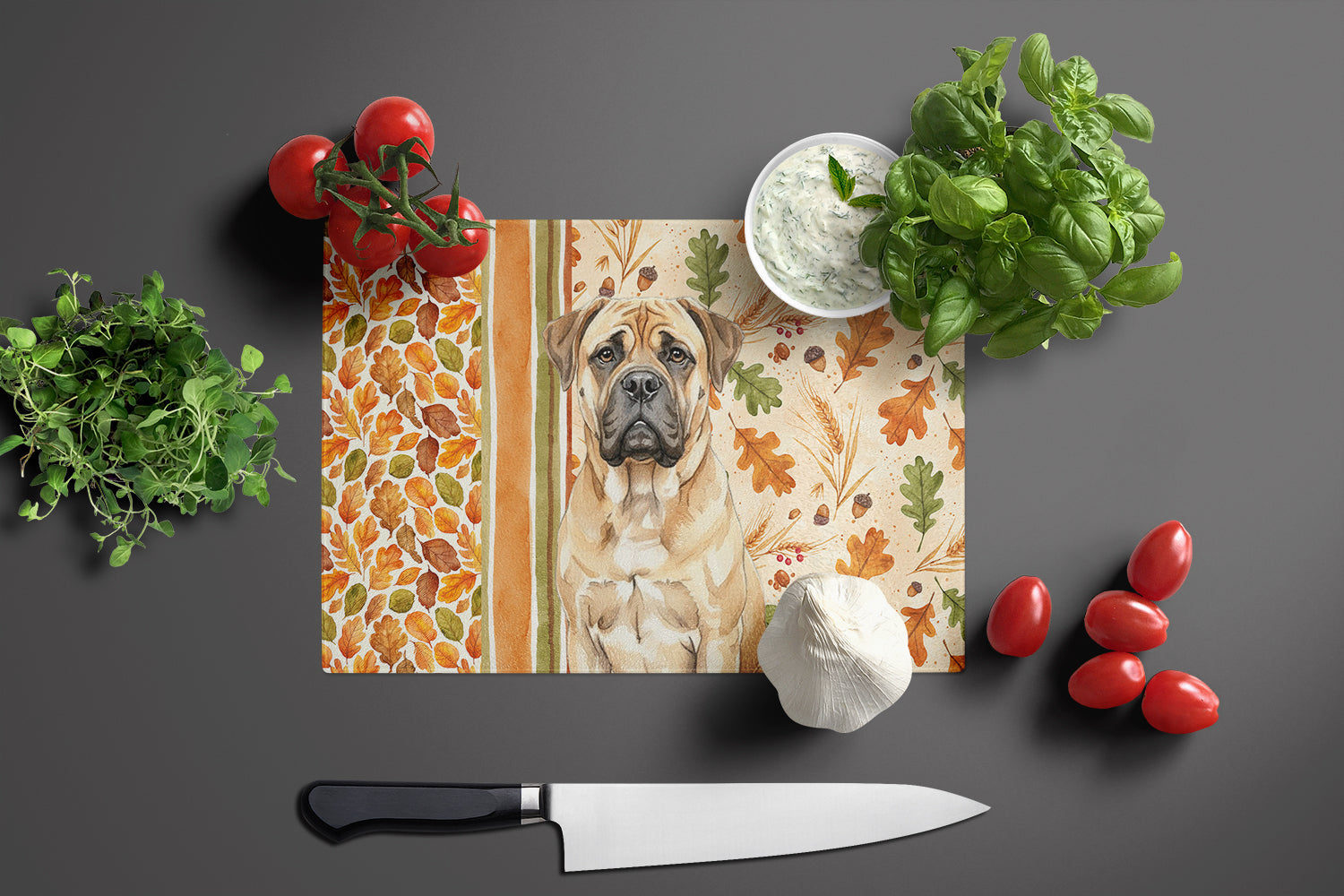 Bullmastiff Heirloom Fall Cutting Board Tempered Glass Kitchen Cutting Surface, Heat Resistant Chopping, Non-Slip Feet, Food Prep & Serving