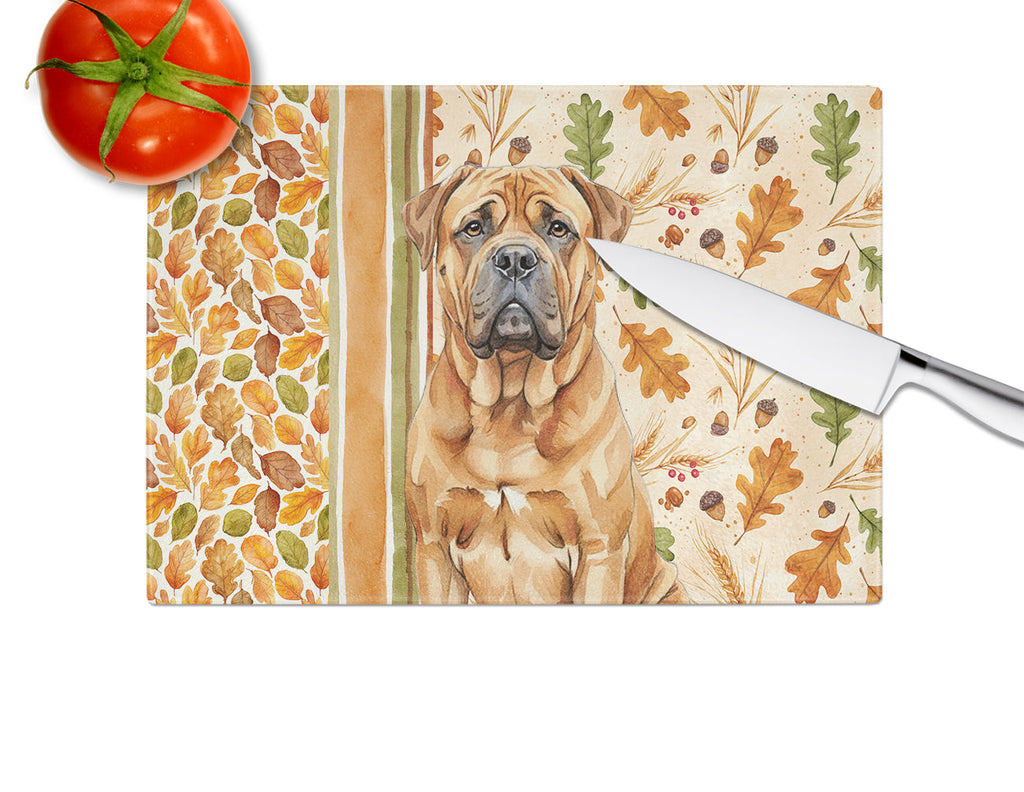 Red Bullmastiff Heirloom Fall Cutting Board Tempered Glass Kitchen Cutting Surface, Heat Resistant Chopping, Non-Slip Feet, Food Prep & Serving