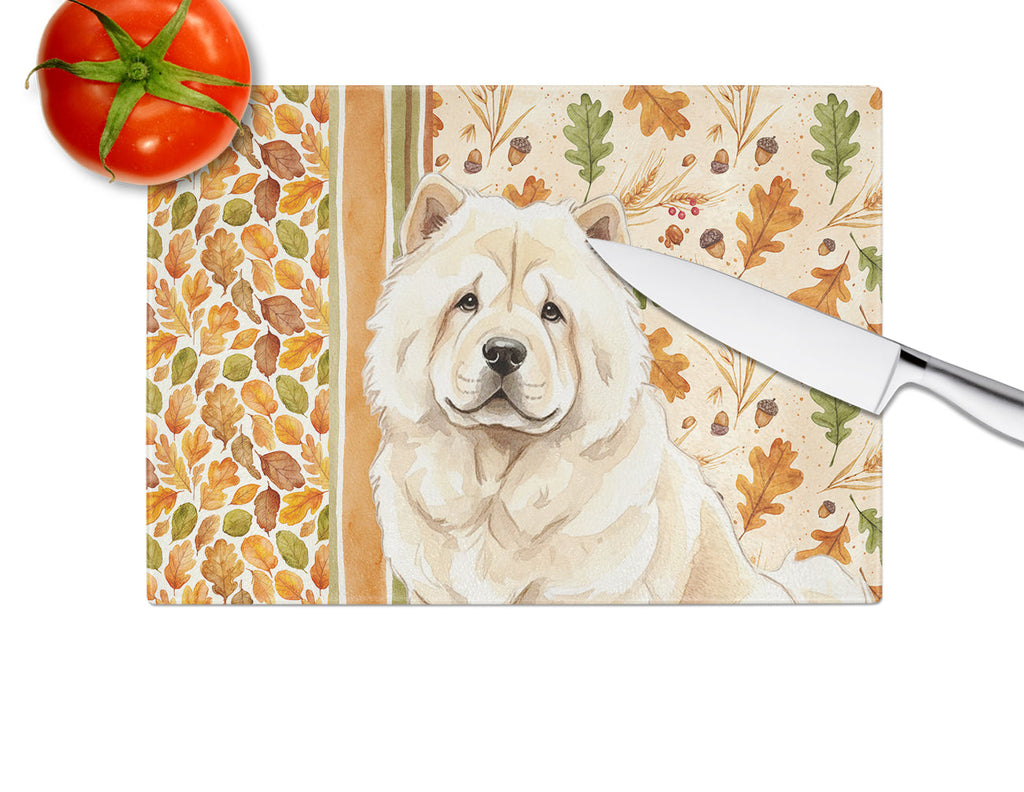Cream Chow Chow Heirloom Fall Cutting Board Tempered Glass Kitchen Cutting Surface, Heat Resistant Chopping, Non-Slip Feet, Food Prep & Serving