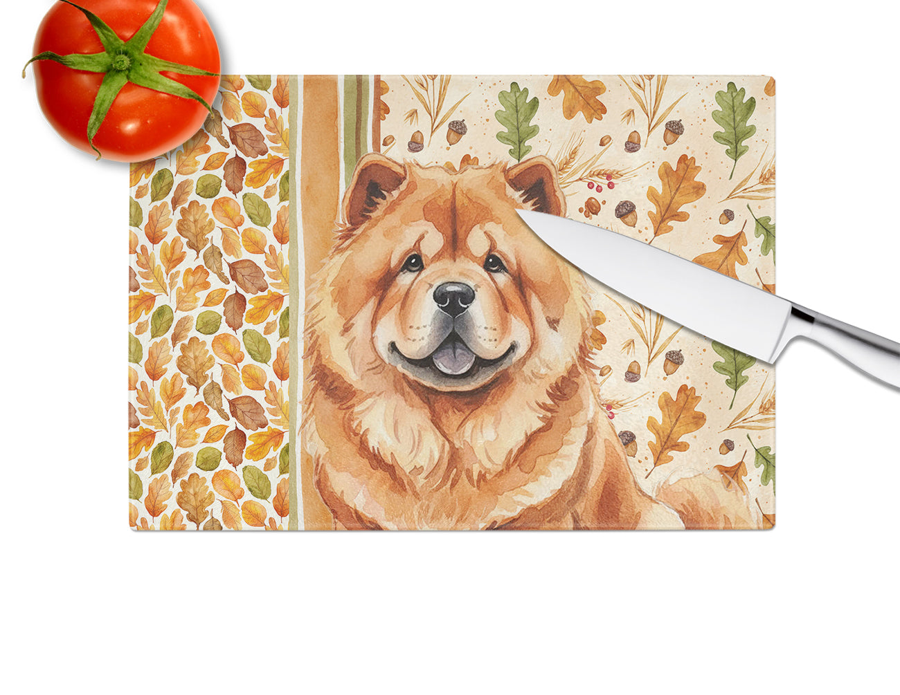 Red Chow Chow Heirloom Fall Cutting Board Tempered Glass Kitchen Cutting Surface, Heat Resistant Chopping, Non-Slip Feet, Food Prep & Serving