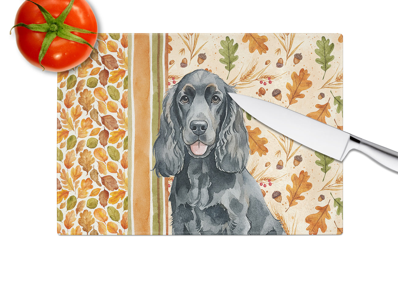 Black Cocker Spaniel Heirloom Fall Cutting Board Tempered Glass Kitchen Cutting Surface, Heat Resistant Chopping, Non-Slip Feet, Food Prep & Serving
