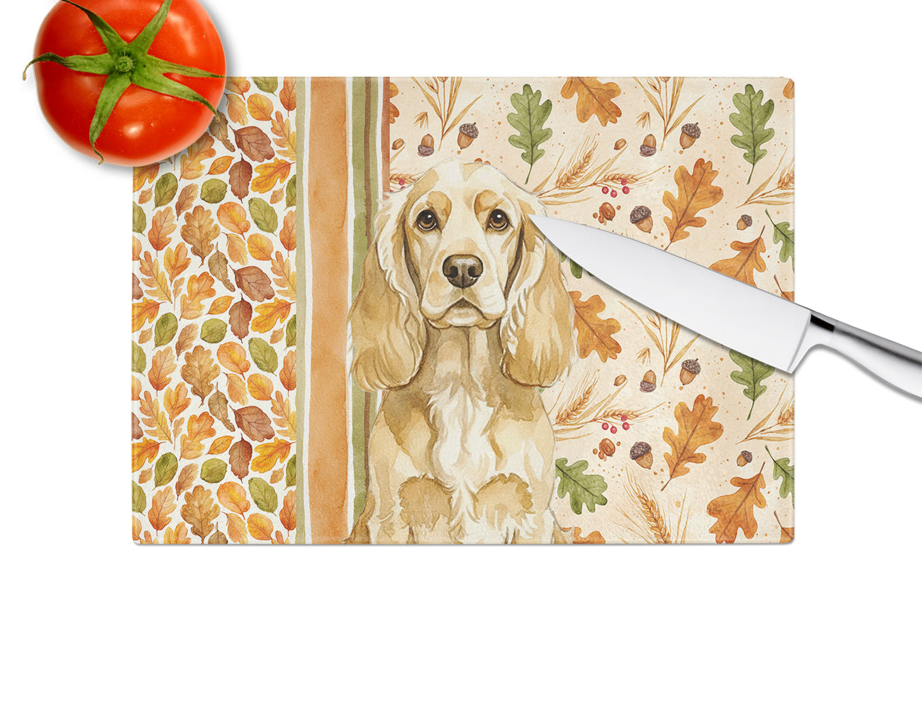 Buff Cocker Spaniel Heirloom Fall Cutting Board Tempered Glass Kitchen Cutting Surface, Heat Resistant Chopping, Non-Slip Feet, Food Prep & Serving
