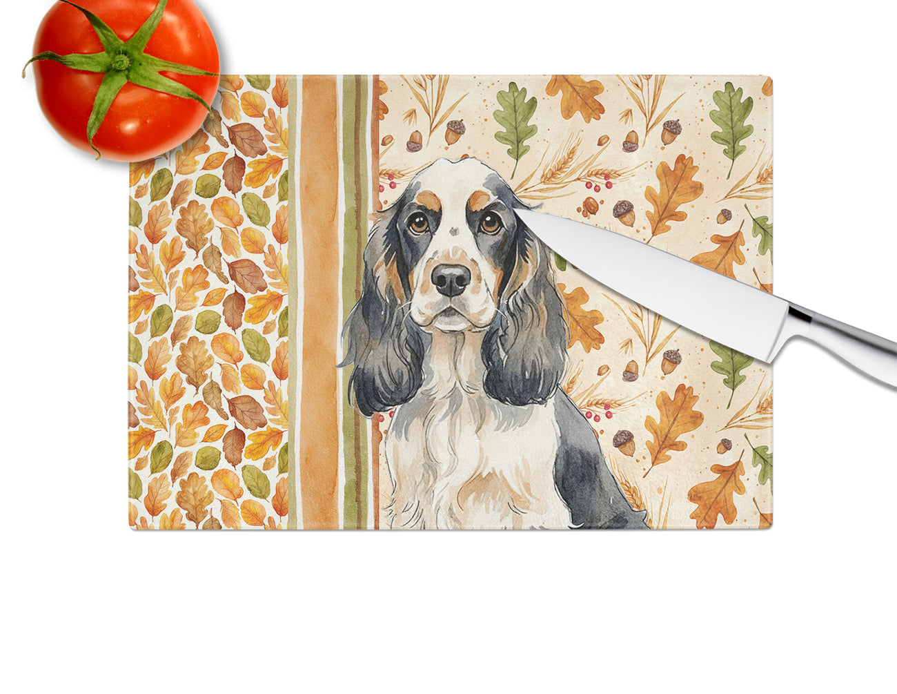 Parti Cocker Spaniel Heirloom Fall Cutting Board Tempered Glass Kitchen Cutting Surface, Heat Resistant Chopping, Non-Slip Feet, Food Prep & Serving