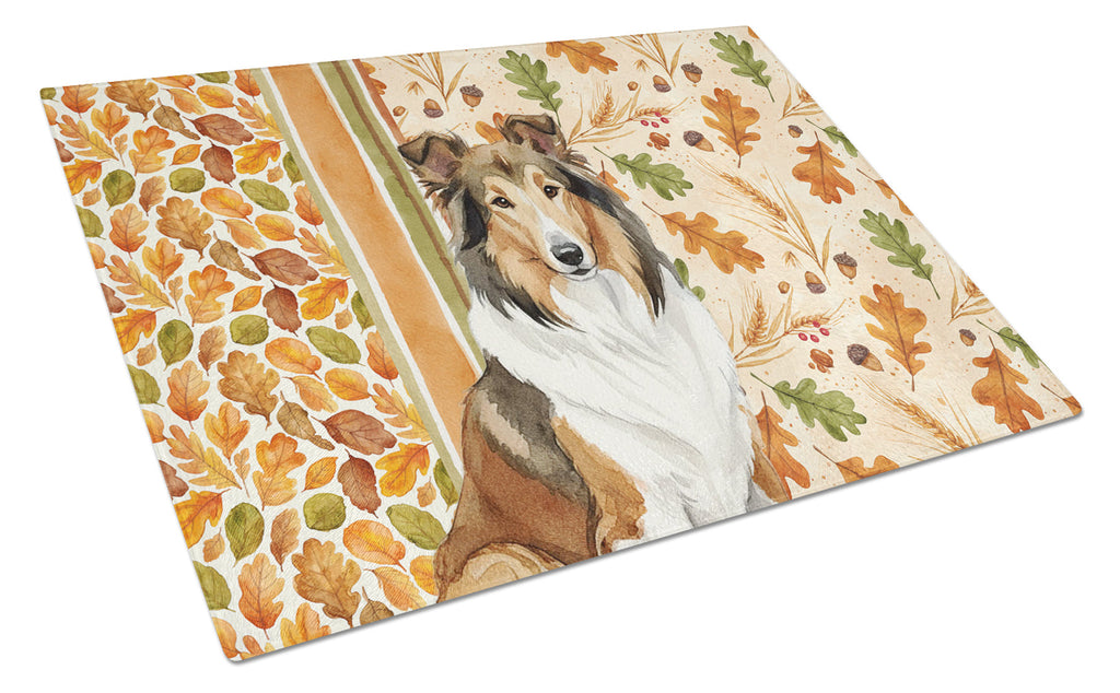 Sable Collie Heirloom Fall Cutting Board Tempered Glass Kitchen Cutting Surface, Heat Resistant Chopping, Non-Slip Feet, Food Prep & Serving