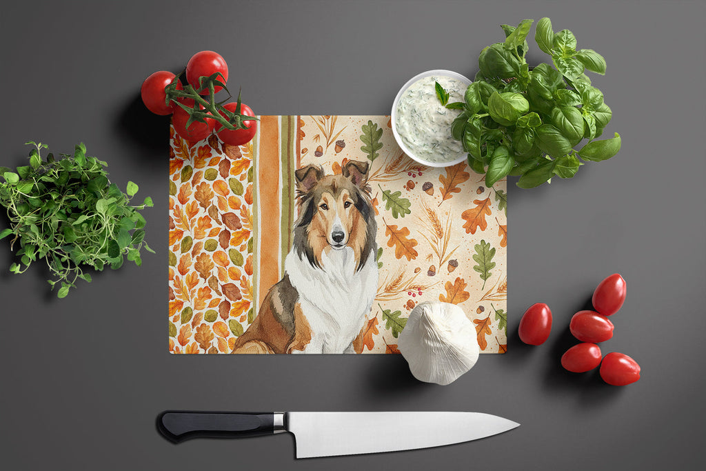 Sable Collie Heirloom Fall Cutting Board Tempered Glass Kitchen Cutting Surface, Heat Resistant Chopping, Non-Slip Feet, Food Prep & Serving