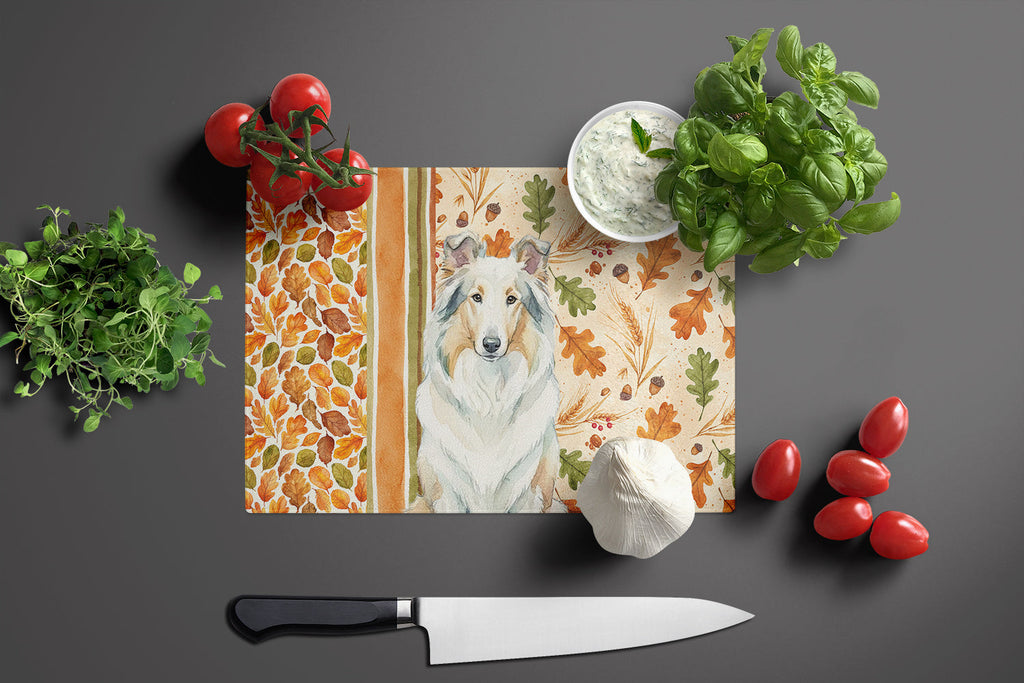 White Collie Heirloom Fall Cutting Board Tempered Glass Kitchen Cutting Surface, Heat Resistant Chopping, Non-Slip Feet, Food Prep & Serving