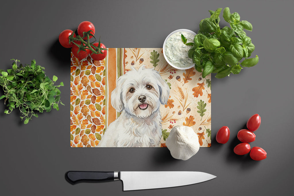 Coton de Tulear Heirloom Fall Cutting Board Tempered Glass Kitchen Cutting Surface, Heat Resistant Chopping, Non-Slip Feet, Food Prep & Serving