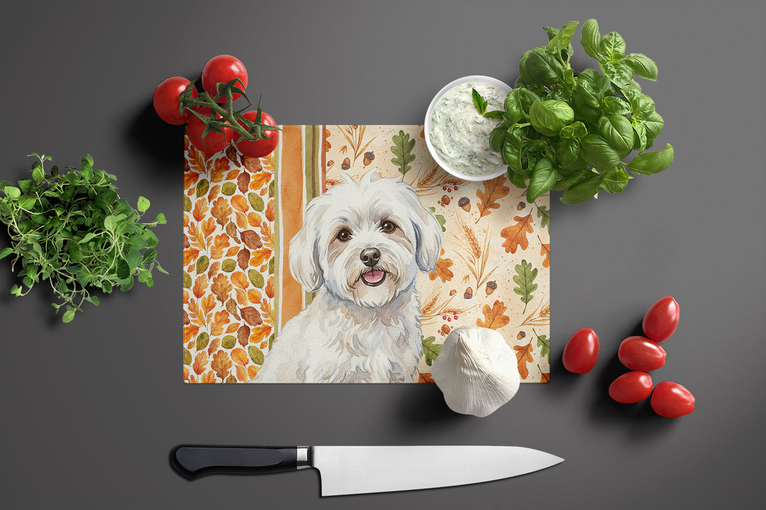 Coton de Tulear Heirloom Fall Cutting Board Tempered Glass Kitchen Cutting Surface, Heat Resistant Chopping, Non-Slip Feet, Food Prep & Serving