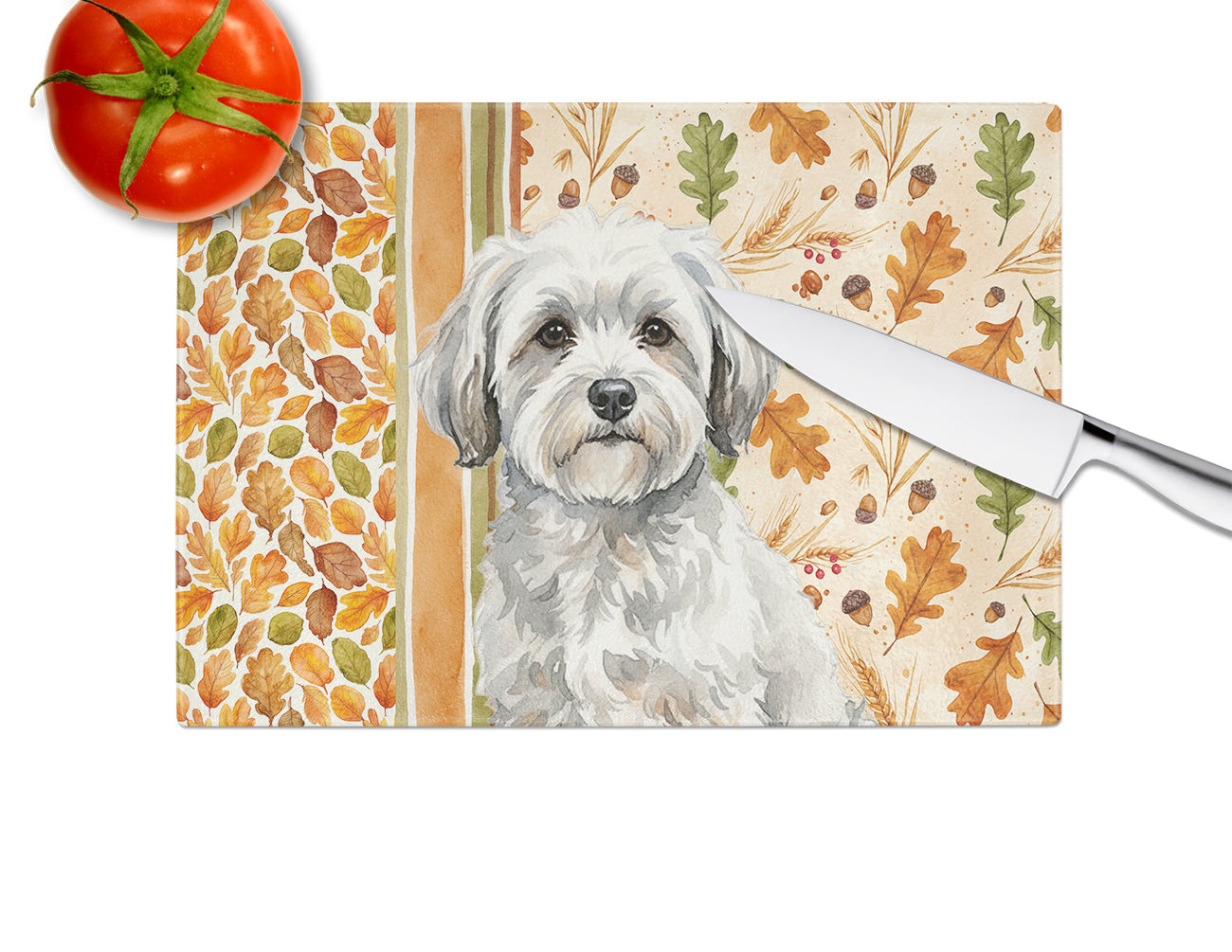 White with Gray Coton de Tulear Heirloom Fall Cutting Board Tempered Glass Kitchen Cutting Surface, Heat Resistant Chopping, Non-Slip Feet, Food Prep & Serving
