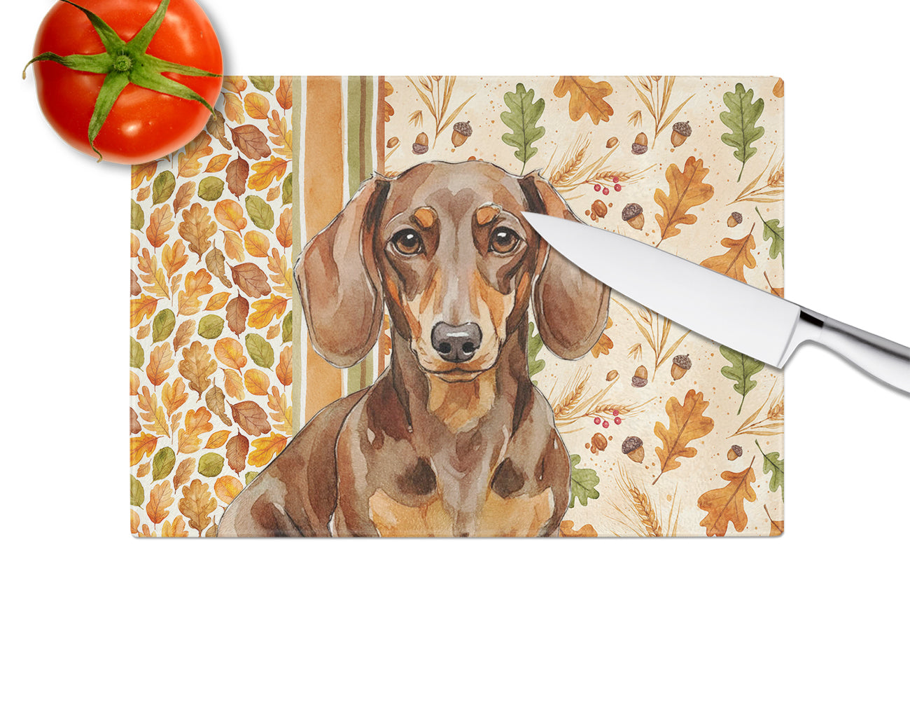 Chocolate and Tan Dachshund Heirloom Fall Cutting Board Tempered Glass Kitchen Cutting Surface, Heat Resistant Chopping, Non-Slip Feet, Food Prep & Serving