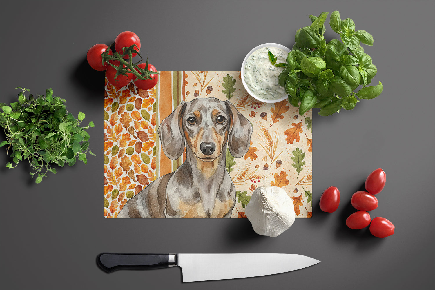 Dapple Dachshund Heirloom Fall Cutting Board Tempered Glass Kitchen Cutting Surface, Heat Resistant Chopping, Non-Slip Feet, Food Prep & Serving