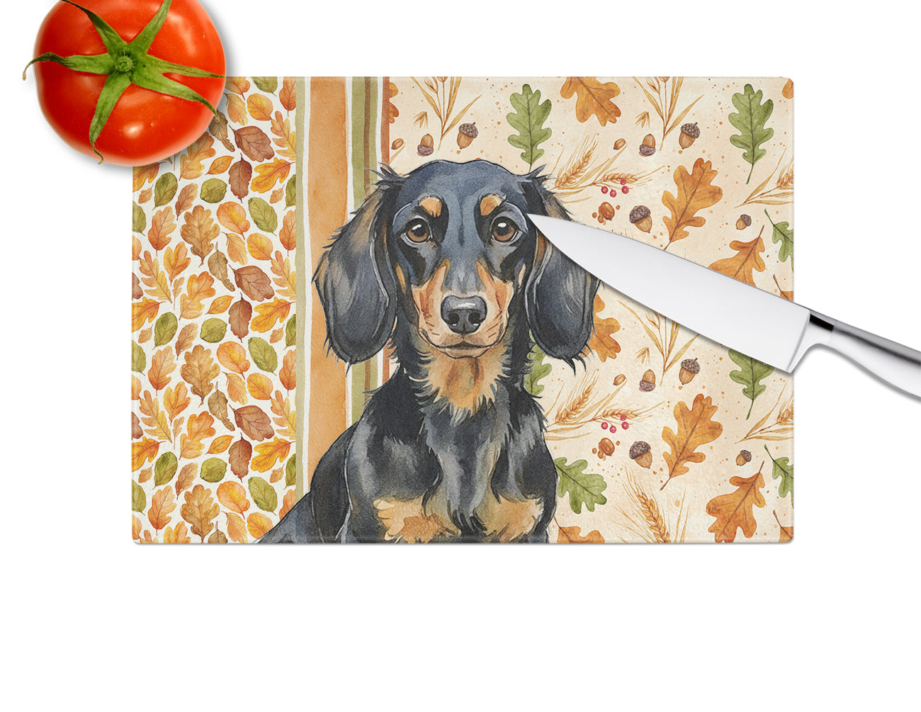 Longhaired Black and Tan Dachshund Heirloom Fall Cutting Board Tempered Glass Kitchen Cutting Surface, Heat Resistant Chopping, Non-Slip Feet, Food Prep & Serving