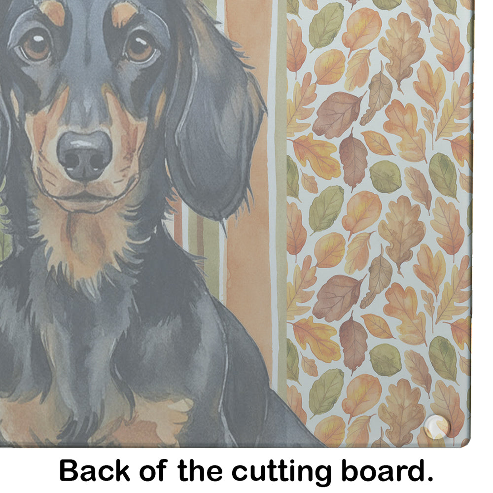 Longhaired Black and Tan Dachshund Heirloom Fall Cutting Board Tempered Glass Kitchen Cutting Surface, Heat Resistant Chopping, Non-Slip Feet, Food Prep & Serving
