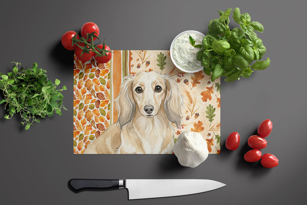 Longhaired Cream Dachshund Heirloom Fall Cutting Board Tempered Glass Kitchen Cutting Surface, Heat Resistant Chopping, Non-Slip Feet, Food Prep & Serving