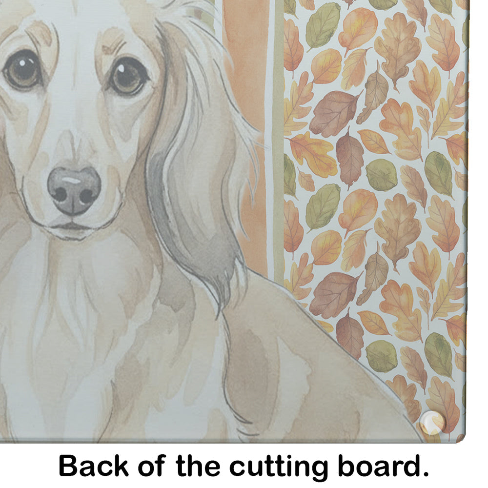 Longhaired Cream Dachshund Heirloom Fall Cutting Board Tempered Glass Kitchen Cutting Surface, Heat Resistant Chopping, Non-Slip Feet, Food Prep & Serving