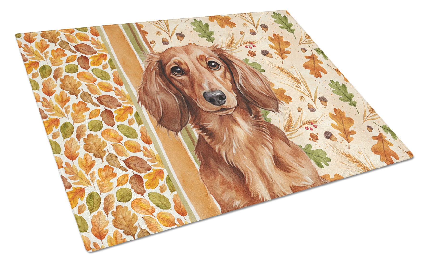 Longhaired Red Dachshund Heirloom Fall Cutting Board Tempered Glass Kitchen Cutting Surface, Heat Resistant Chopping, Non-Slip Feet, Food Prep & Serving