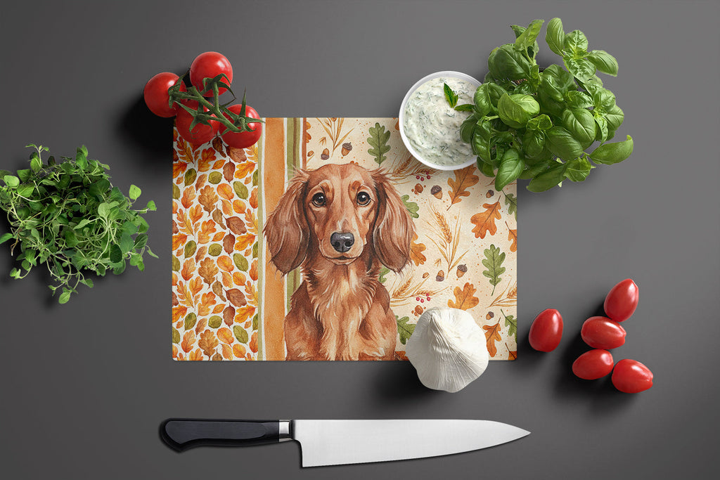 Longhaired Red Dachshund Heirloom Fall Cutting Board Tempered Glass Kitchen Cutting Surface, Heat Resistant Chopping, Non-Slip Feet, Food Prep & Serving