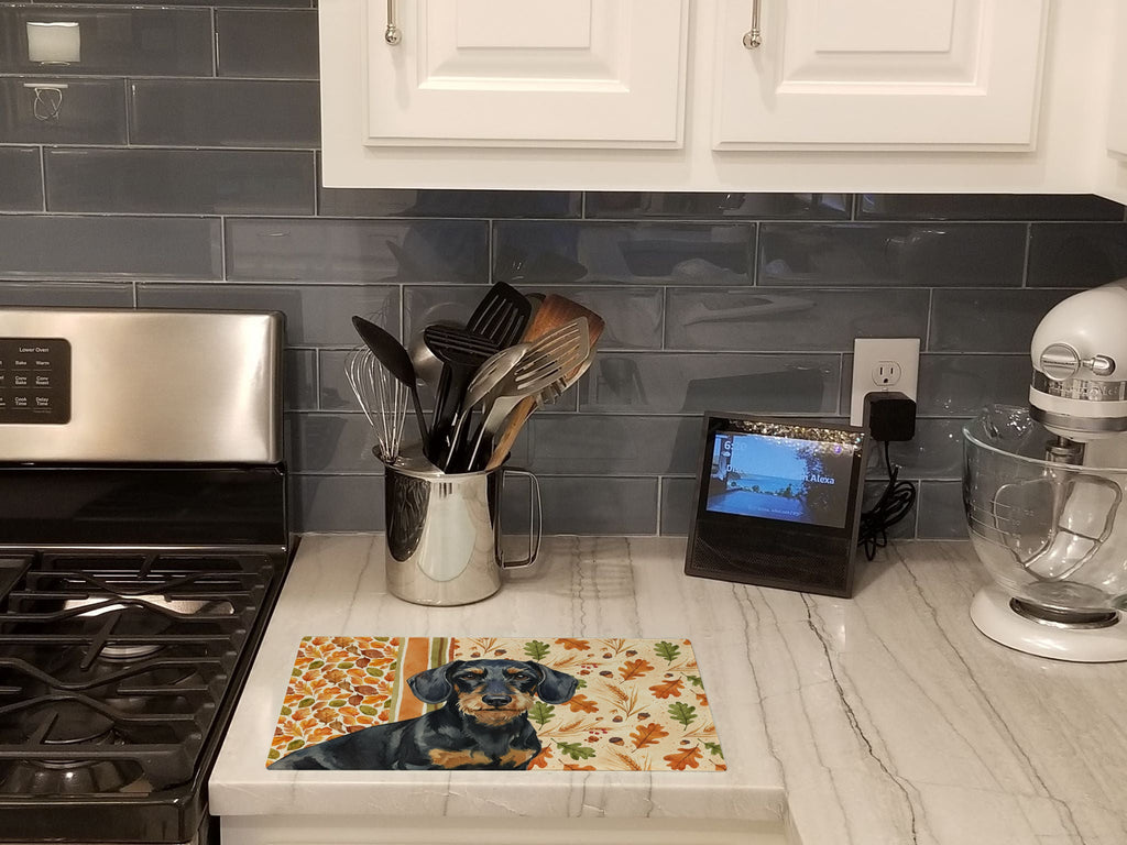 Wirehaired Black and Tan Dachshund Heirloom Fall Cutting Board Tempered Glass Kitchen Cutting Surface, Heat Resistant Chopping, Non-Slip Feet, Food Prep & Serving