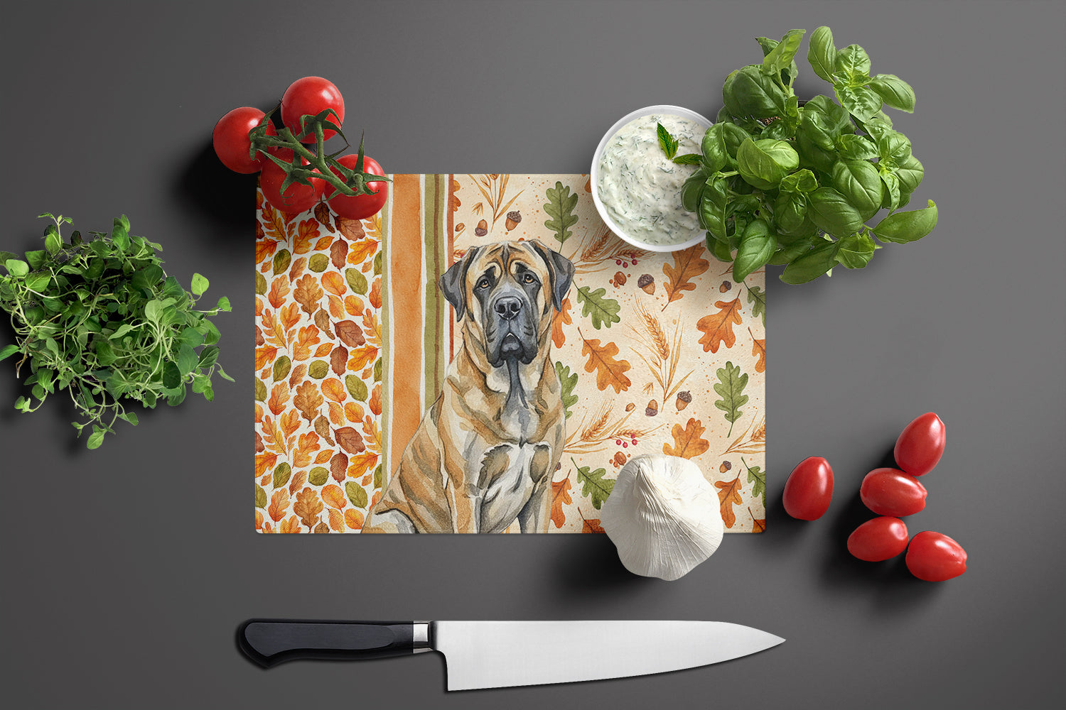 Brindle English Mastiff Heirloom Fall Cutting Board Tempered Glass Kitchen Cutting Surface, Heat Resistant Chopping, Non-Slip Feet, Food Prep & Serving