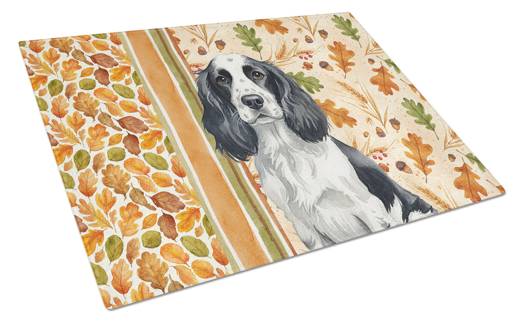 Black and White English Springer Spaniel Heirloom Fall Cutting Board Tempered Glass Kitchen Cutting Surface, Heat Resistant Chopping, Non-Slip Feet, Food Prep & Serving