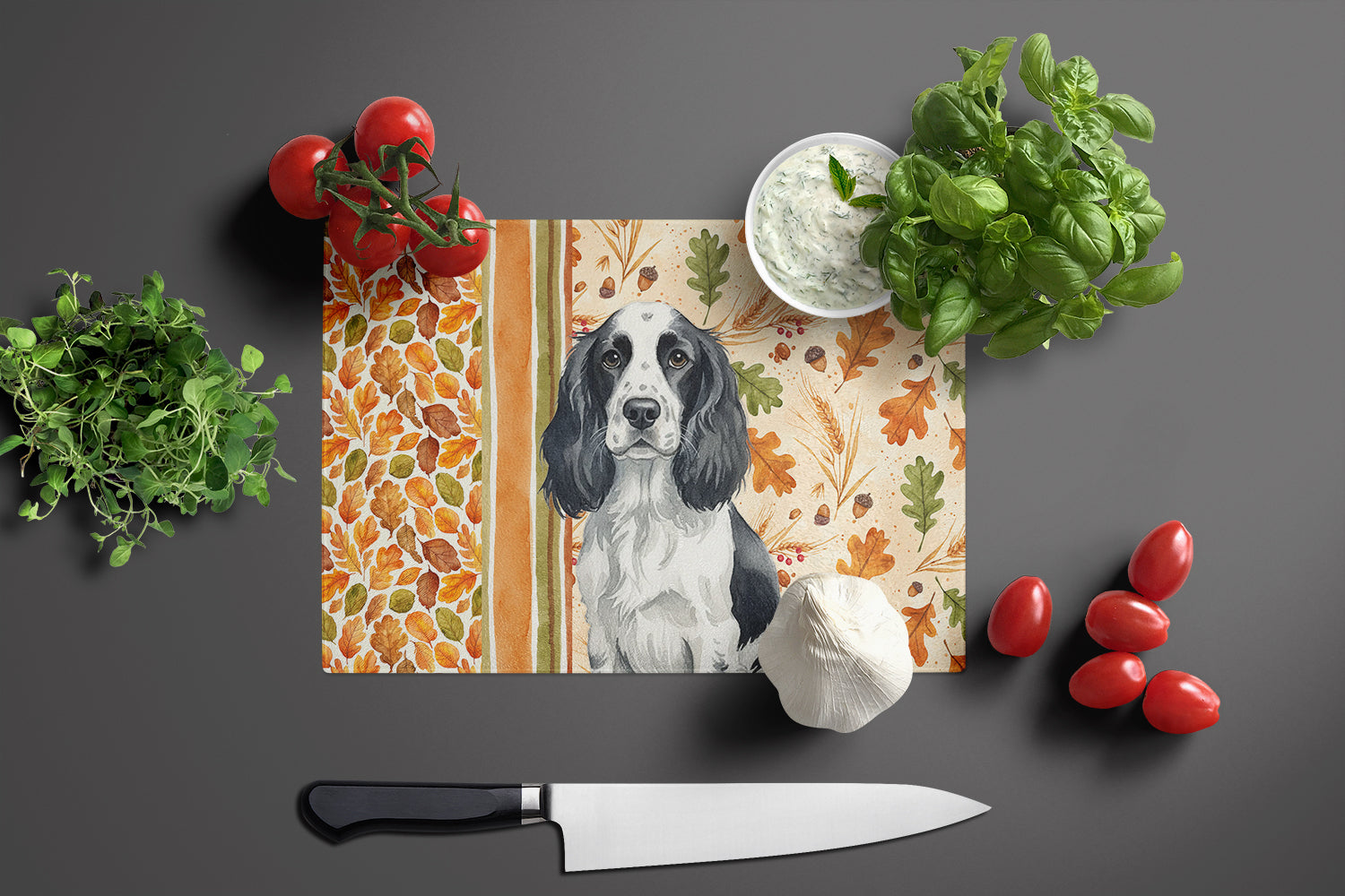 Black and White English Springer Spaniel Heirloom Fall Cutting Board Tempered Glass Kitchen Cutting Surface, Heat Resistant Chopping, Non-Slip Feet, Food Prep & Serving