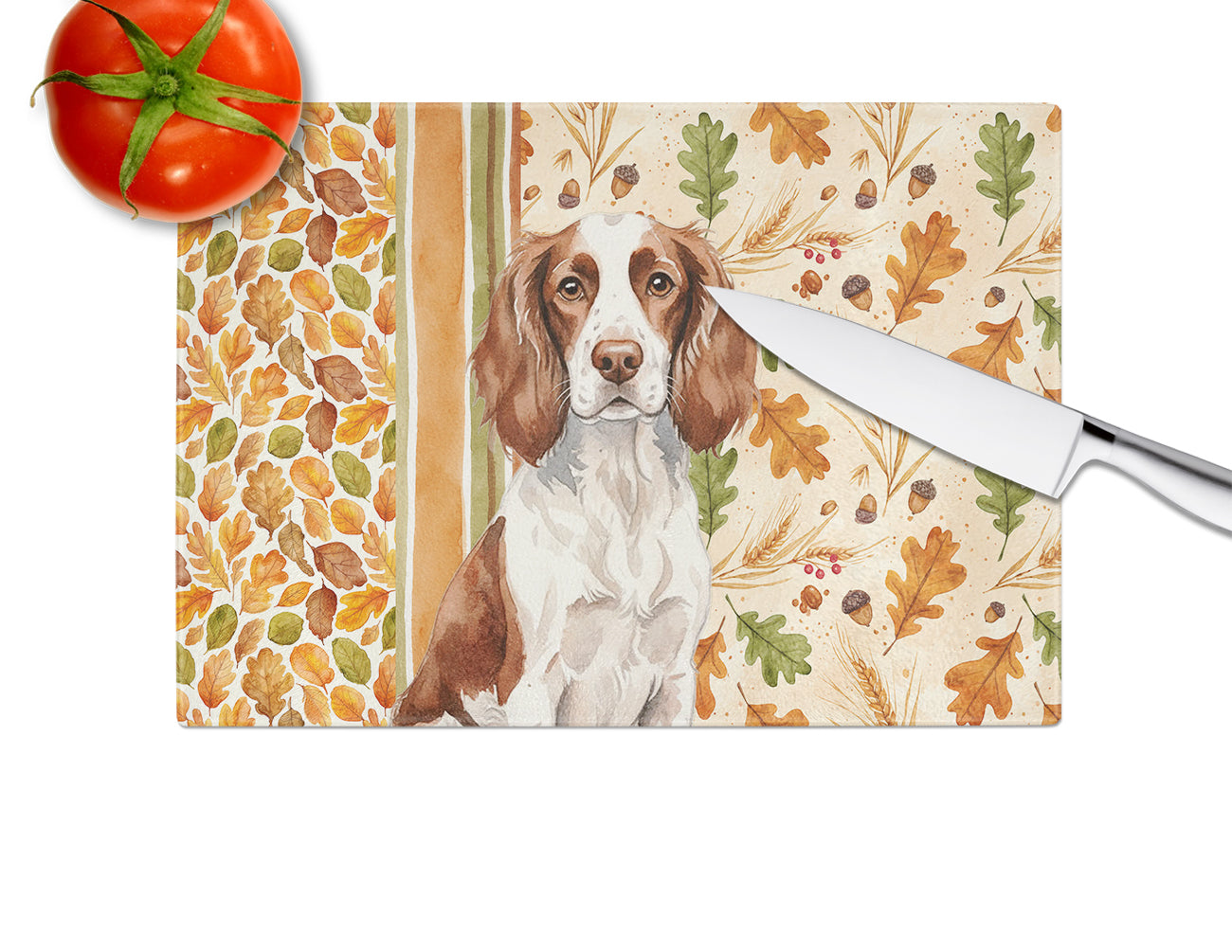 Liver and White English Springer Spaniel Heirloom Fall Cutting Board Tempered Glass Kitchen Cutting Surface, Heat Resistant Chopping, Non-Slip Feet, Food Prep & Serving